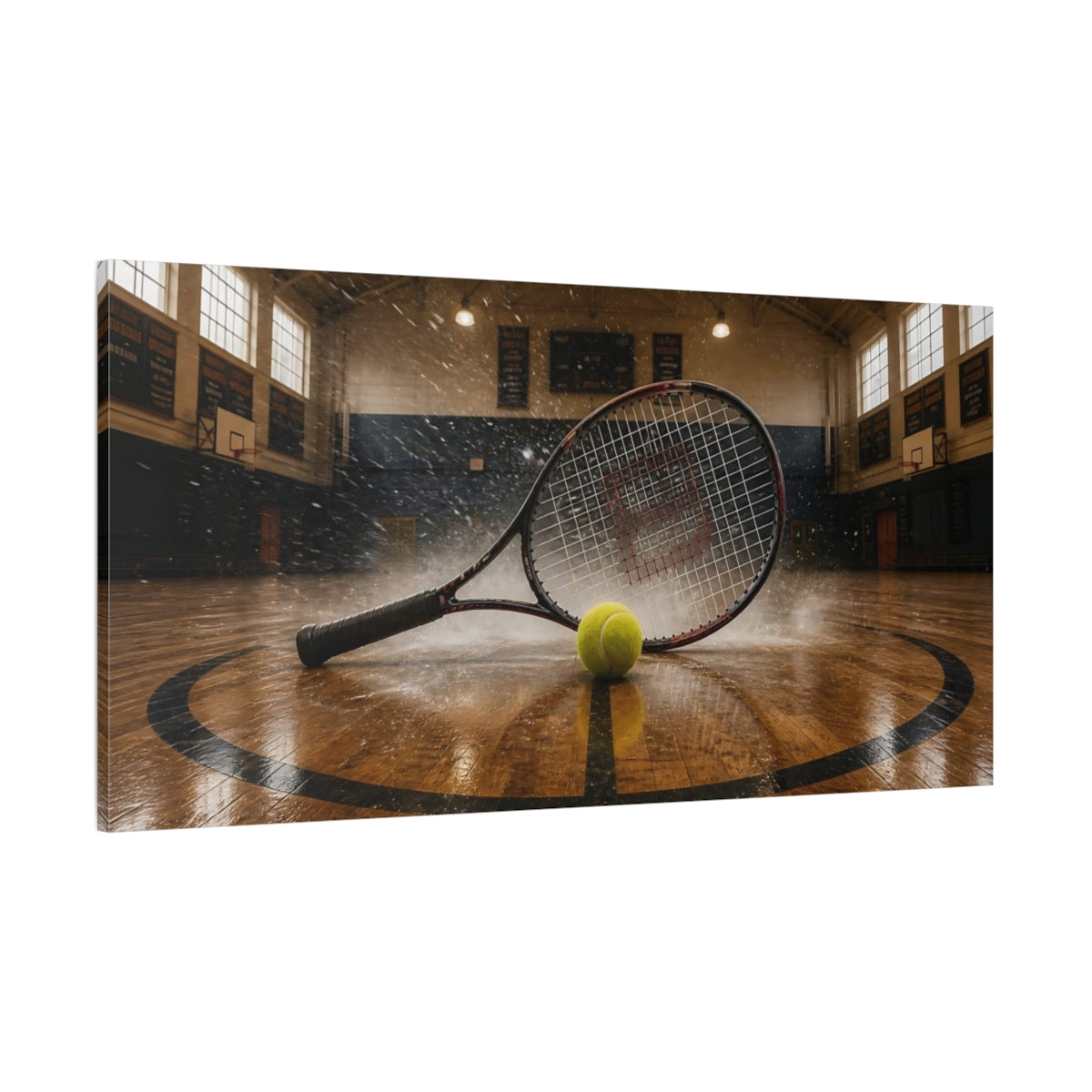 Side Mockup 2. Tennis Racket Splash shown as canvas print