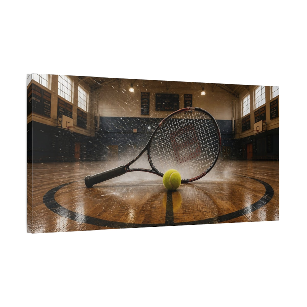 Side Mockup 1. Tennis Racket Splash shown as canvas print