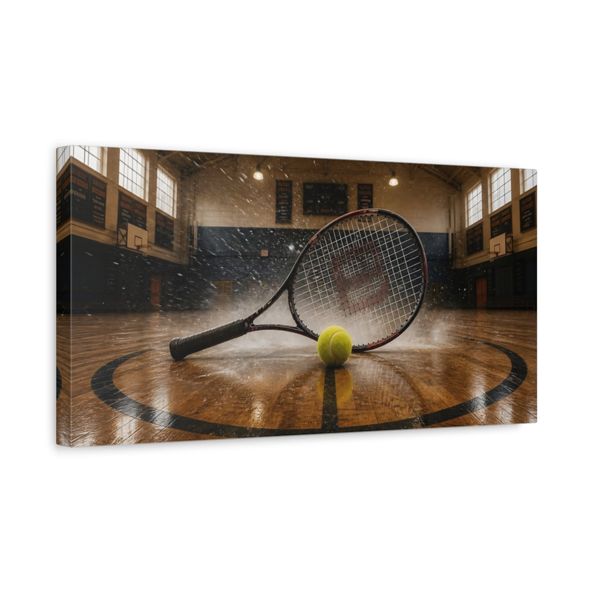 Side Mockup 3. Tennis Racket Splash shown as canvas print
