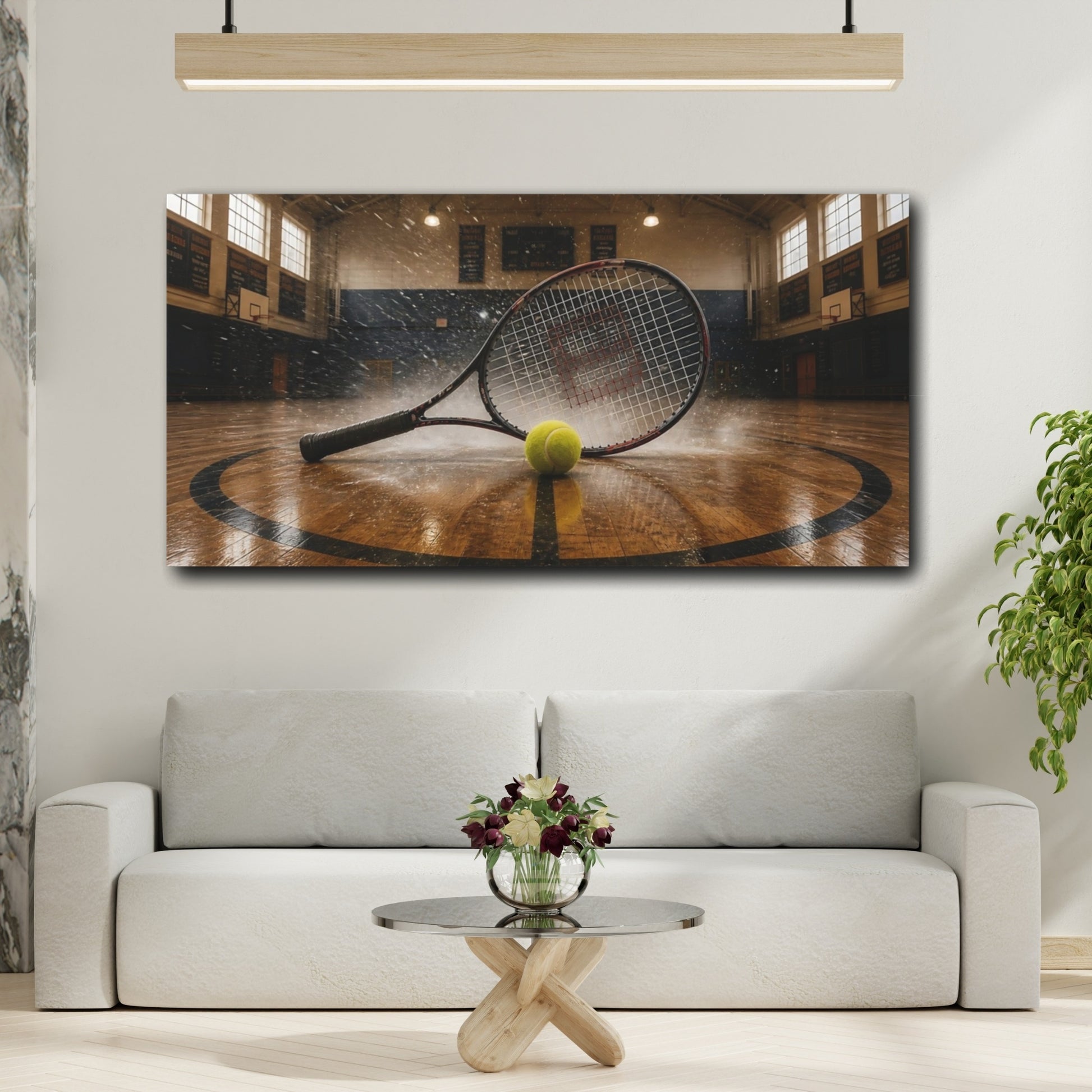 Mockup 2. Tennis Racket Splash shown as canvas print