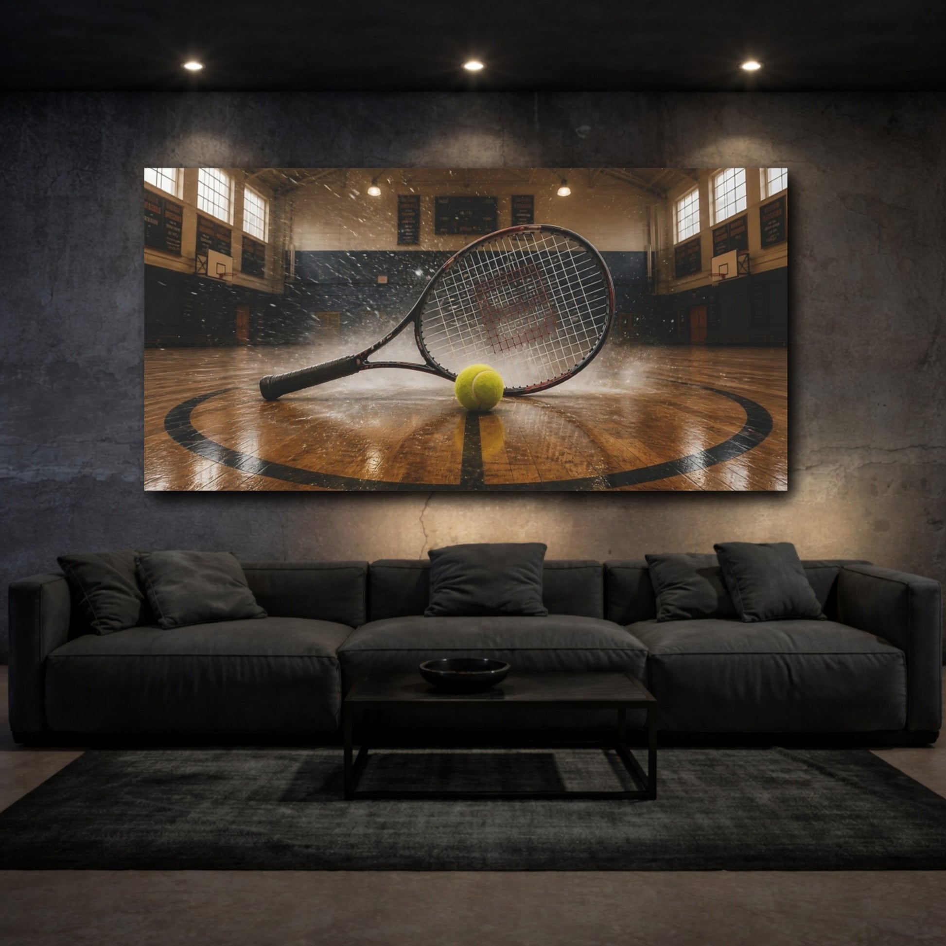 Mockup 3. Tennis Racket Splash shown as canvas print