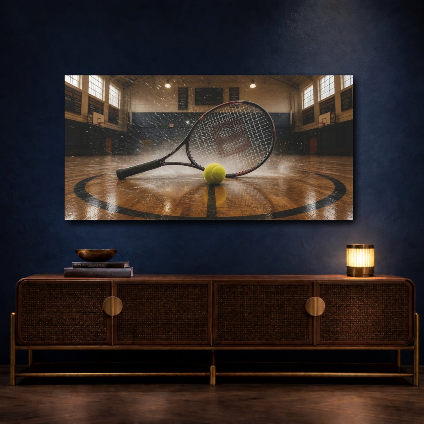 Mockup 4. Tennis Racket Splash shown as canvas print