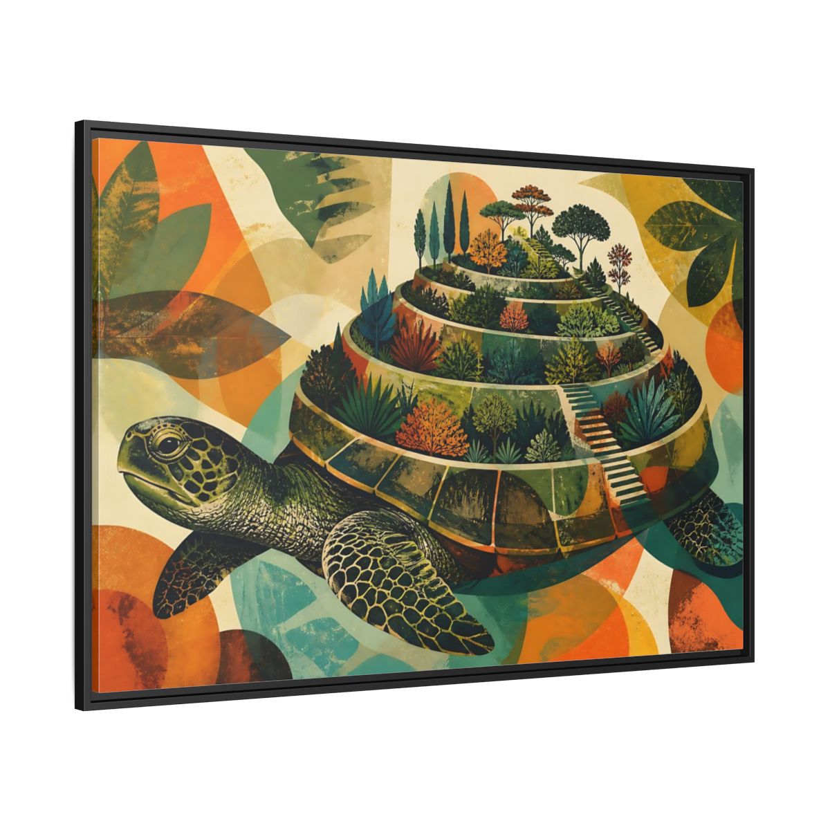 Side Mockup 12. Terraced Turtle Garden shown as framed canvas print