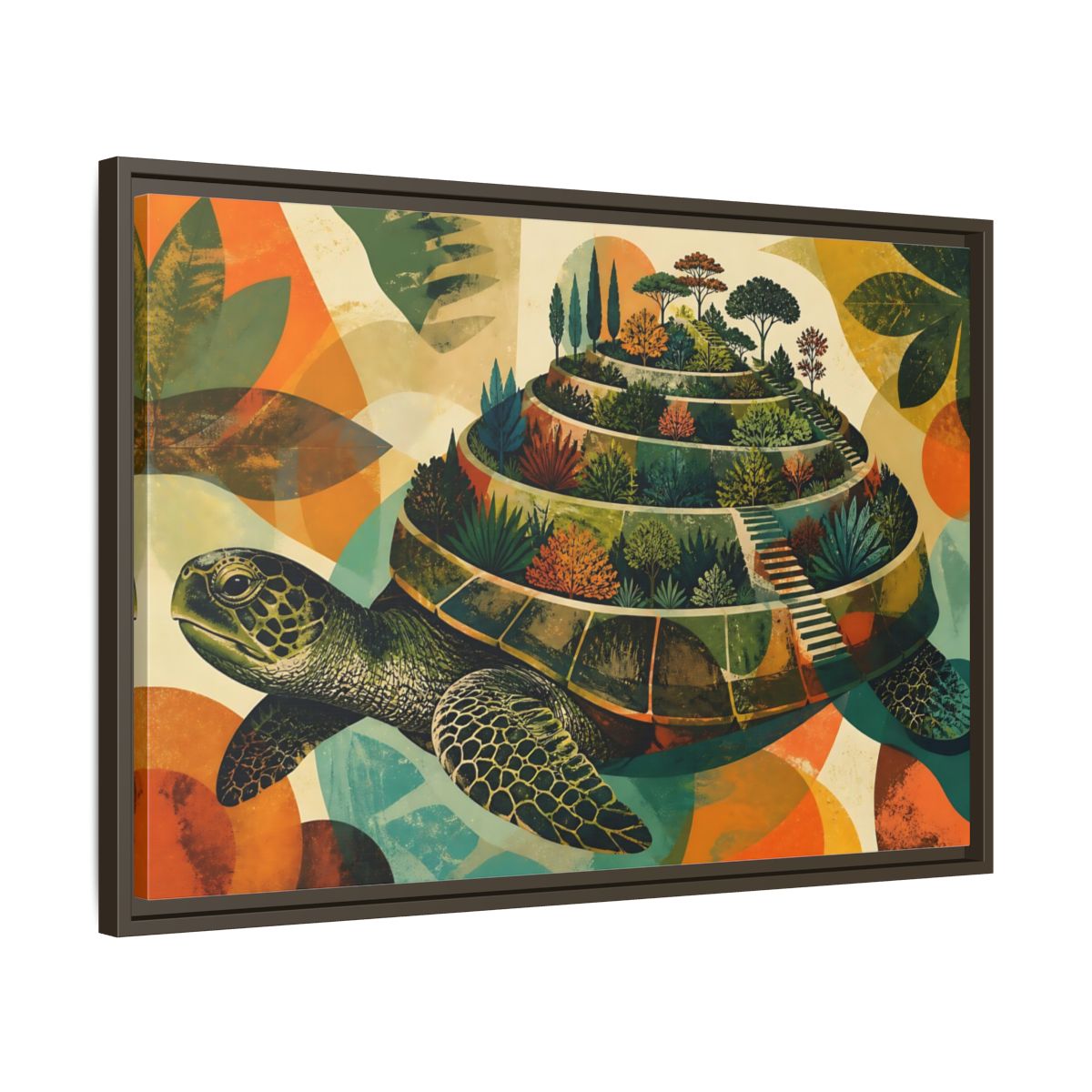 Side Mockup 11. Terraced Turtle Garden shown as framed canvas print