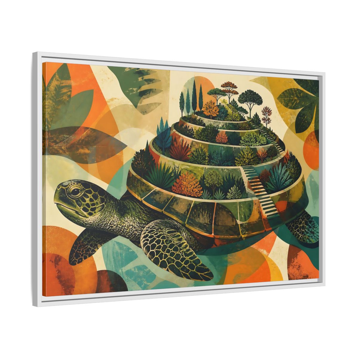 Side Mockup 9. Terraced Turtle Garden shown as framed canvas print