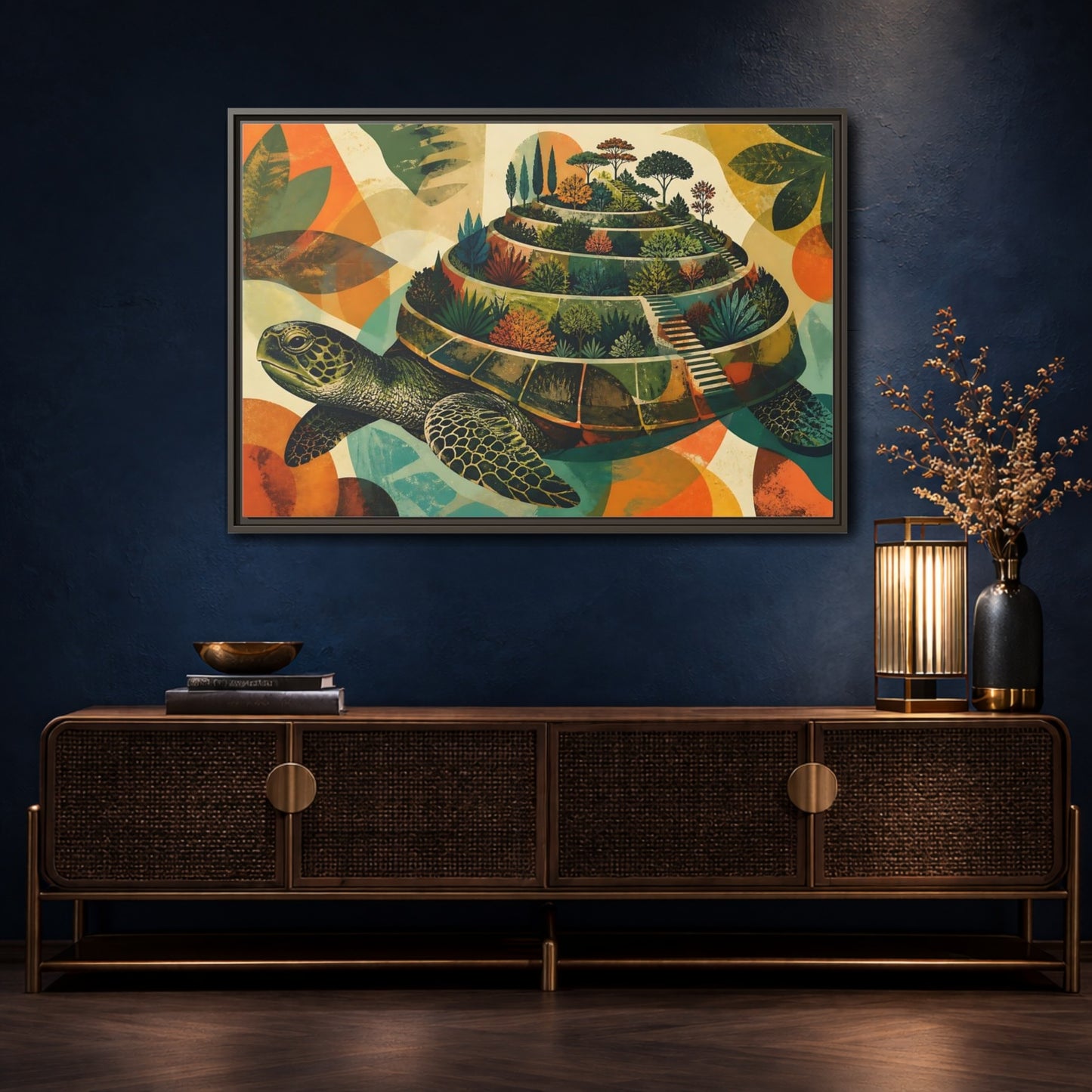 Mockup 4. Terraced Turtle Garden shown as framed canvas print