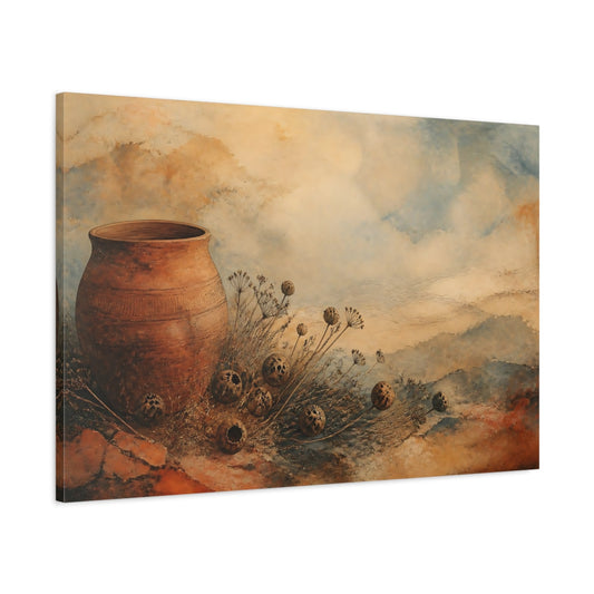 Main Mockup. Terracotta And Seedpods shown as canvas print