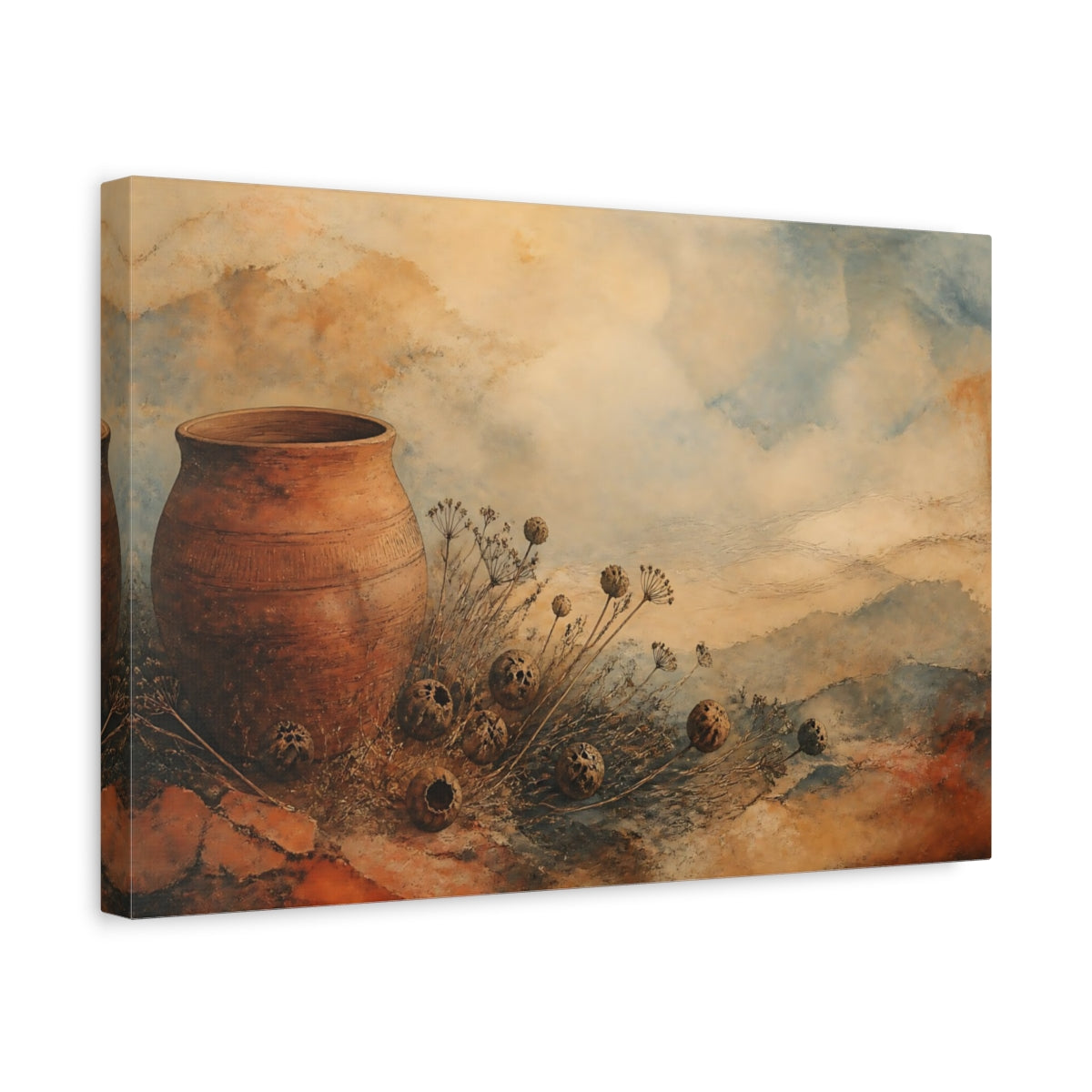 Side Mockup 4. Terracotta And Seedpods shown as canvas print