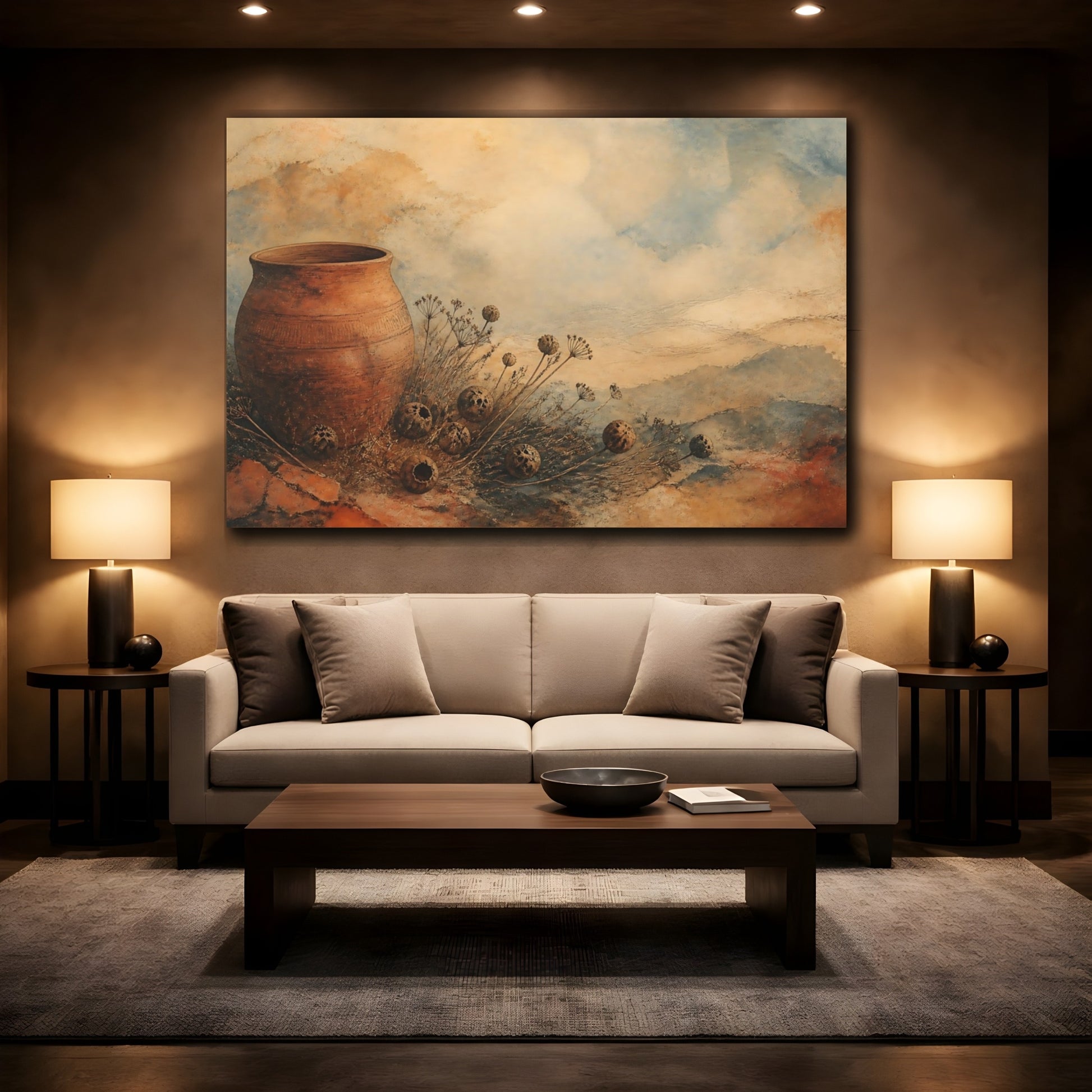 Mockup 2. Terracotta And Seedpods shown as canvas print