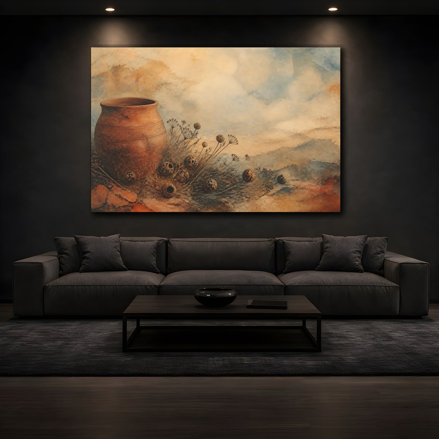 Mockup 3. Terracotta And Seedpods shown as canvas print