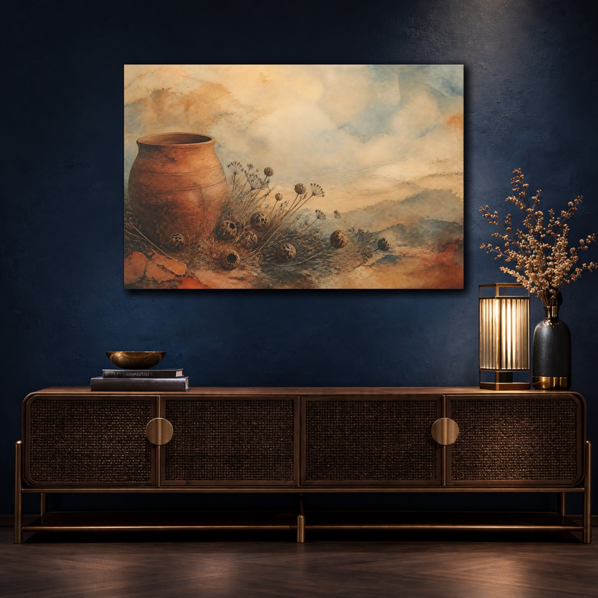 Mockup 4. Terracotta And Seedpods shown as canvas print
