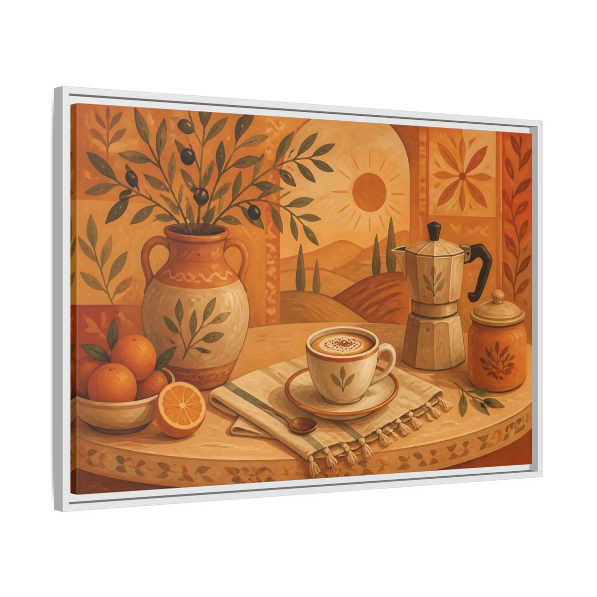 Side Mockup 9. Terracotta Cafe Morning shown as framed canvas print