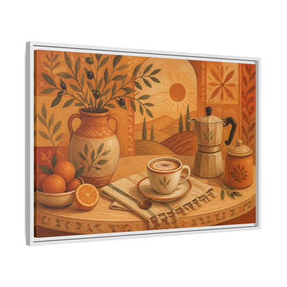 Side Mockup 9. Terracotta Cafe Morning shown as framed canvas print