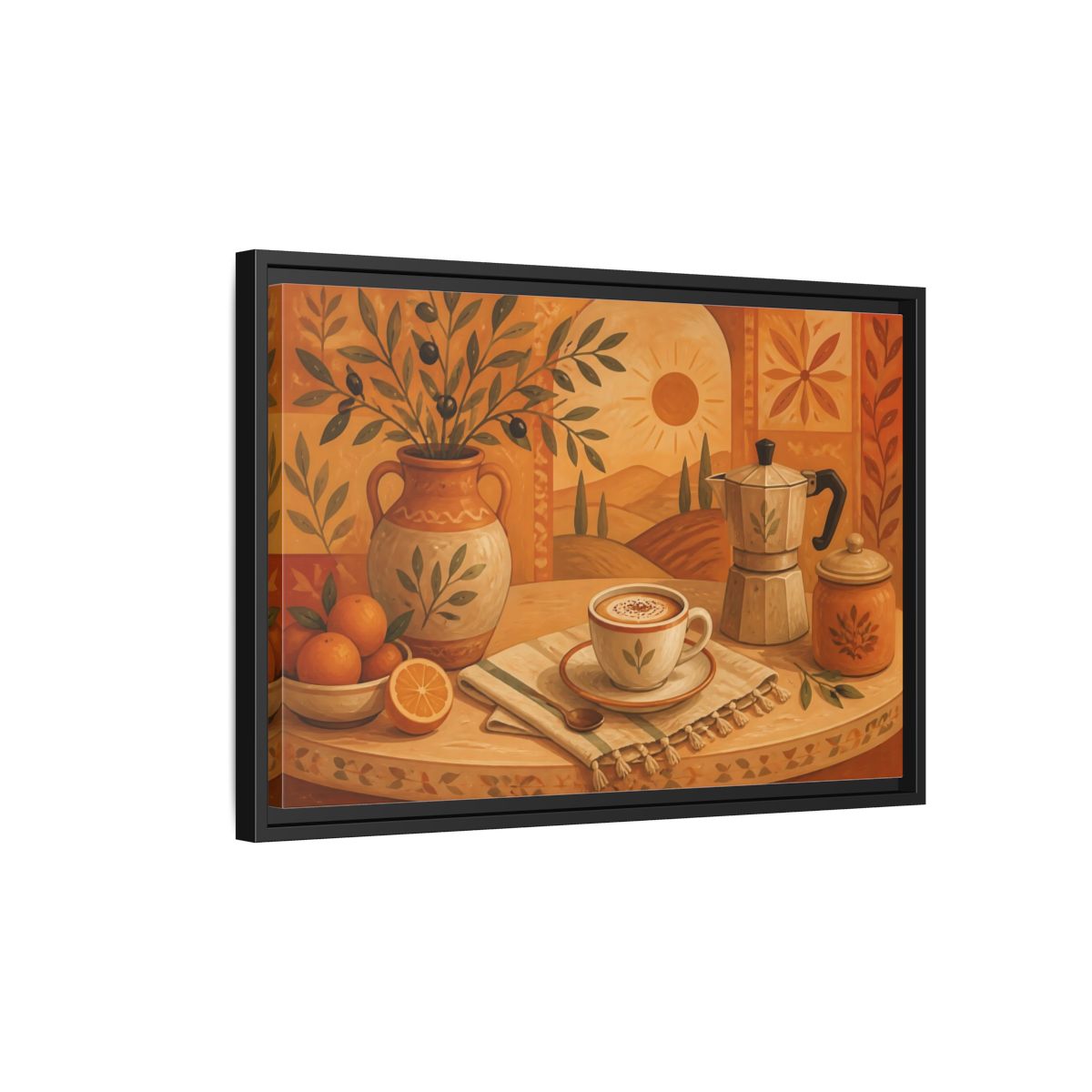 Side Mockup 3. Terracotta Cafe Morning shown as framed canvas print