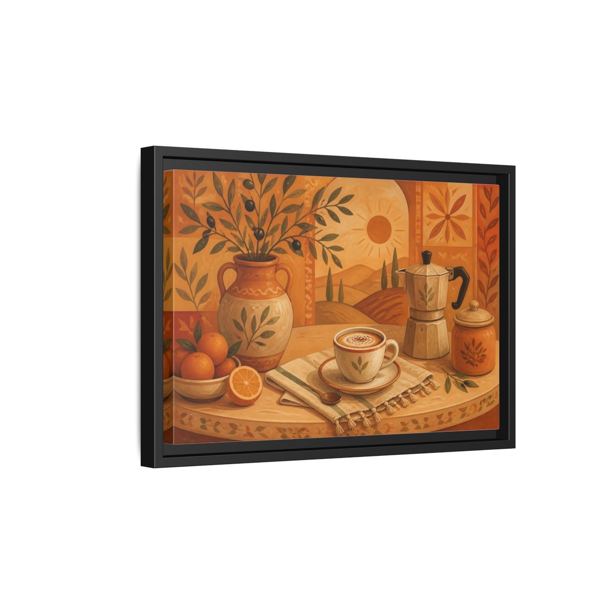 Side Mockup 6. Terracotta Cafe Morning shown as framed canvas print