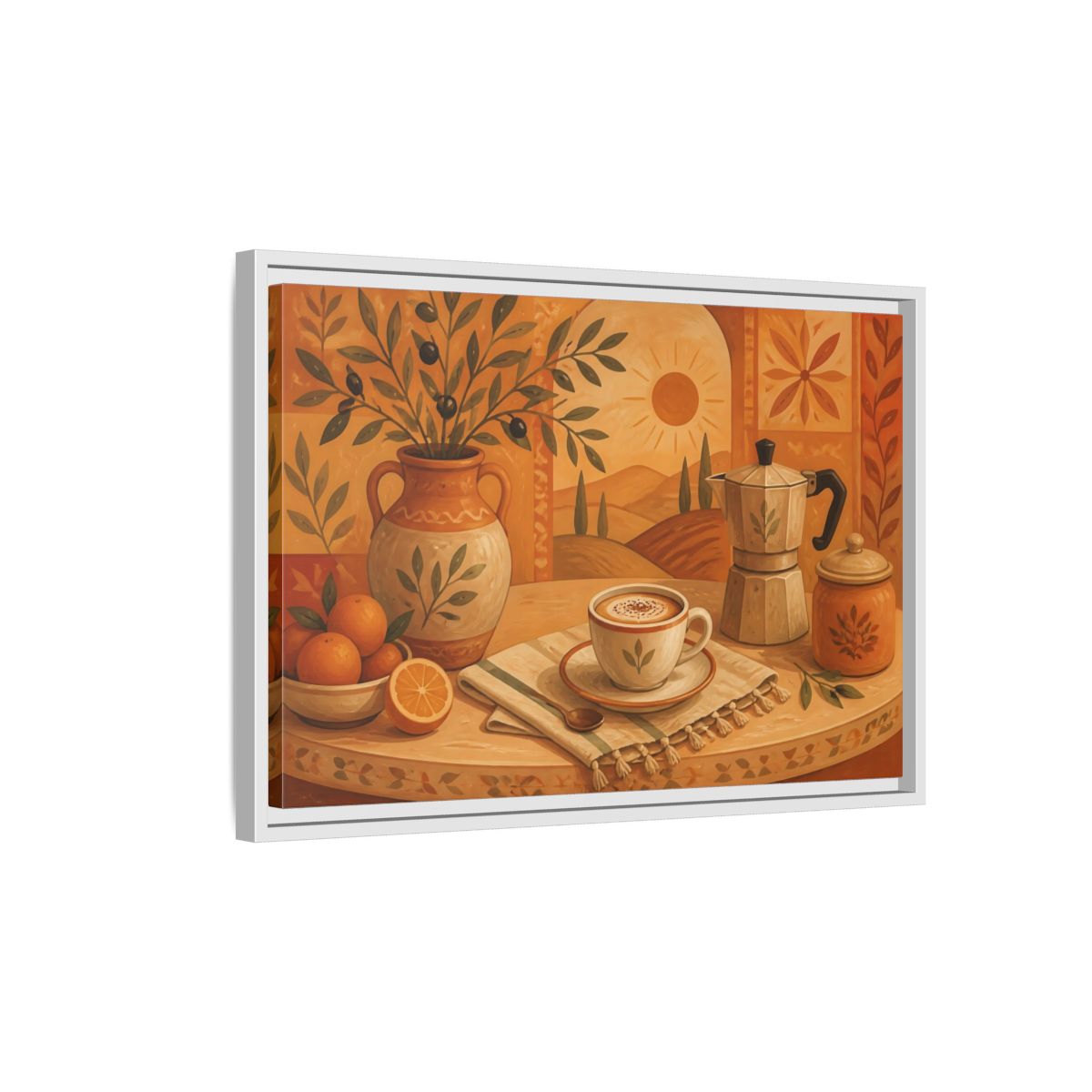 Side Mockup 1. Terracotta Cafe Morning shown as framed canvas print