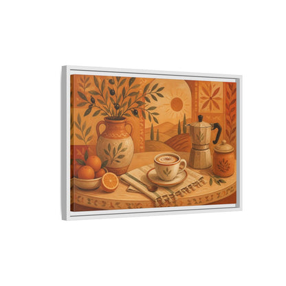 Side Mockup 1. Terracotta Cafe Morning shown as framed canvas print