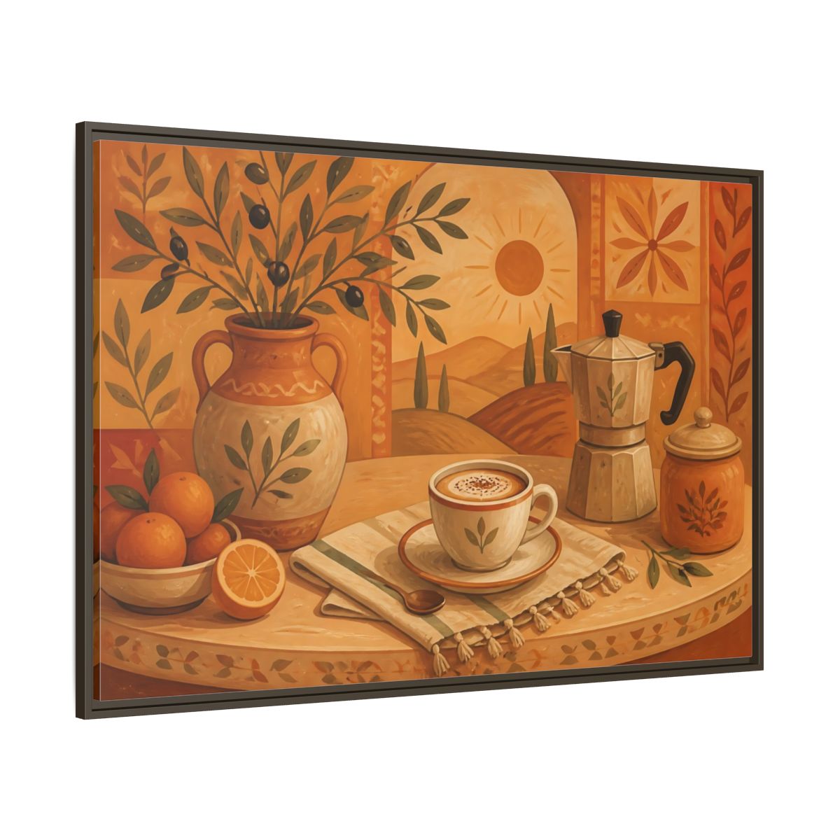 Side Mockup 8. Terracotta Cafe Morning shown as framed canvas print