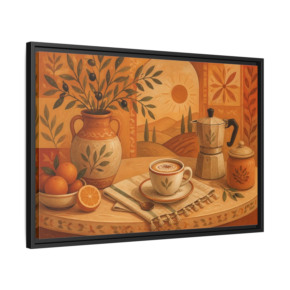 Side Mockup 14. Terracotta Cafe Morning shown as framed canvas print