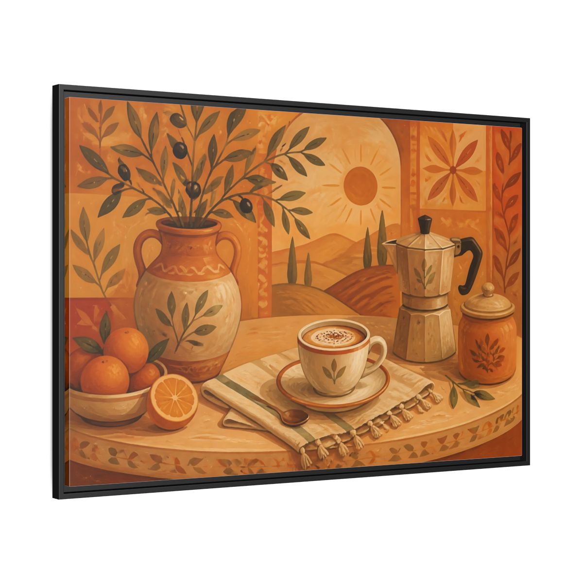 Side Mockup 12. Terracotta Cafe Morning shown as framed canvas print