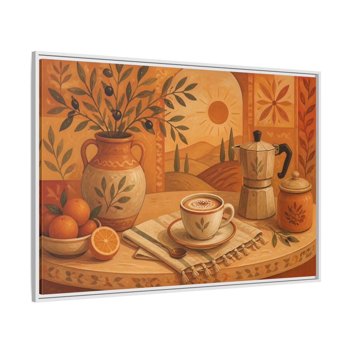Side Mockup 7. Terracotta Cafe Morning shown as framed canvas print