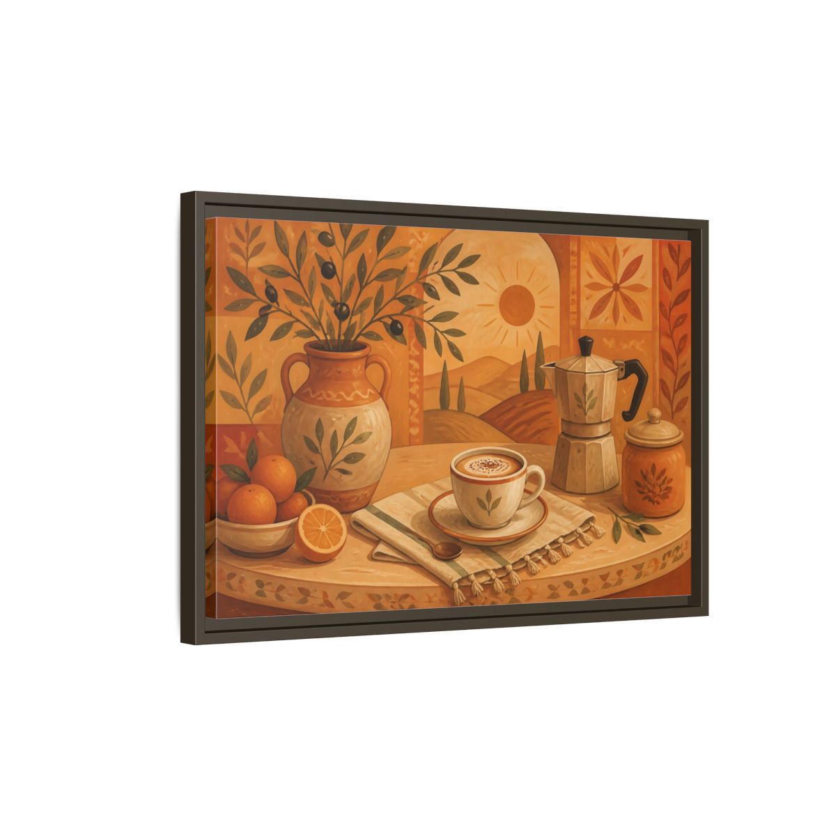 Side Mockup 2. Terracotta Cafe Morning shown as framed canvas print