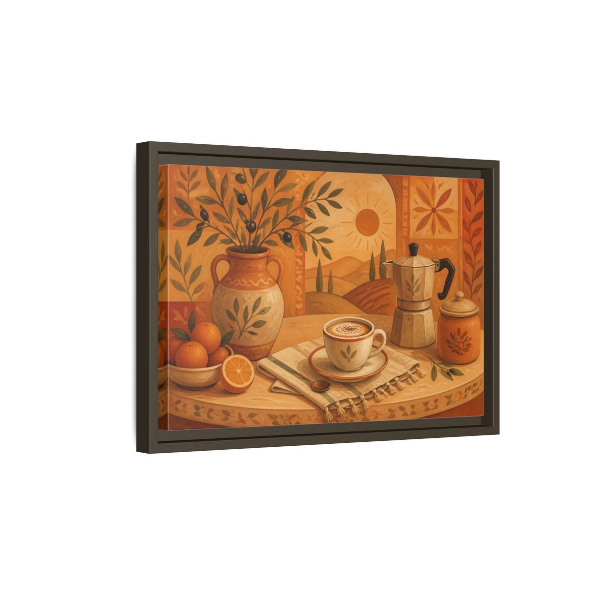 Side Mockup 5. Terracotta Cafe Morning shown as framed canvas print