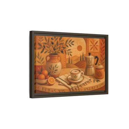 Side Mockup 5. Terracotta Cafe Morning shown as framed canvas print