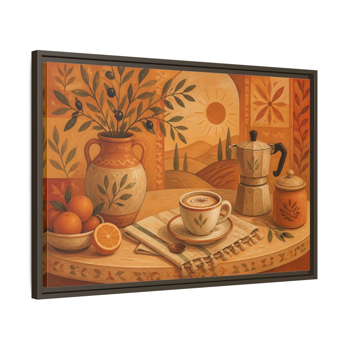 Side Mockup 11. Terracotta Cafe Morning shown as framed canvas print