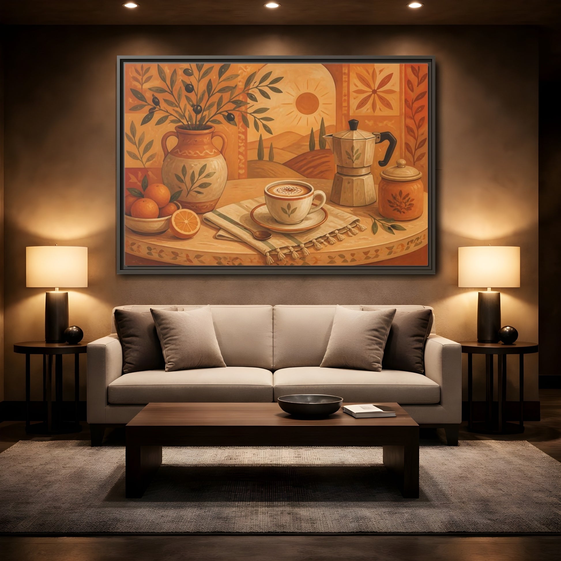 Mockup 2. Terracotta Cafe Morning shown as framed canvas print