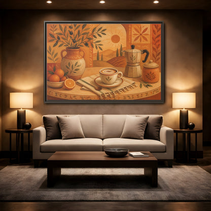 Mockup 2. Terracotta Cafe Morning shown as framed canvas print