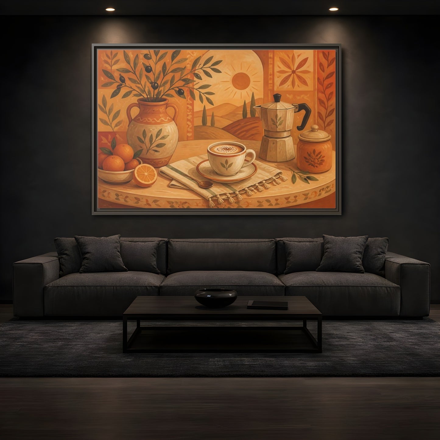 Mockup 3. Terracotta Cafe Morning shown as framed canvas print
