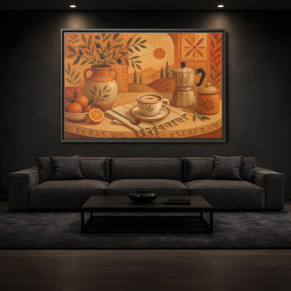 Mockup 3. Terracotta Cafe Morning shown as framed canvas print