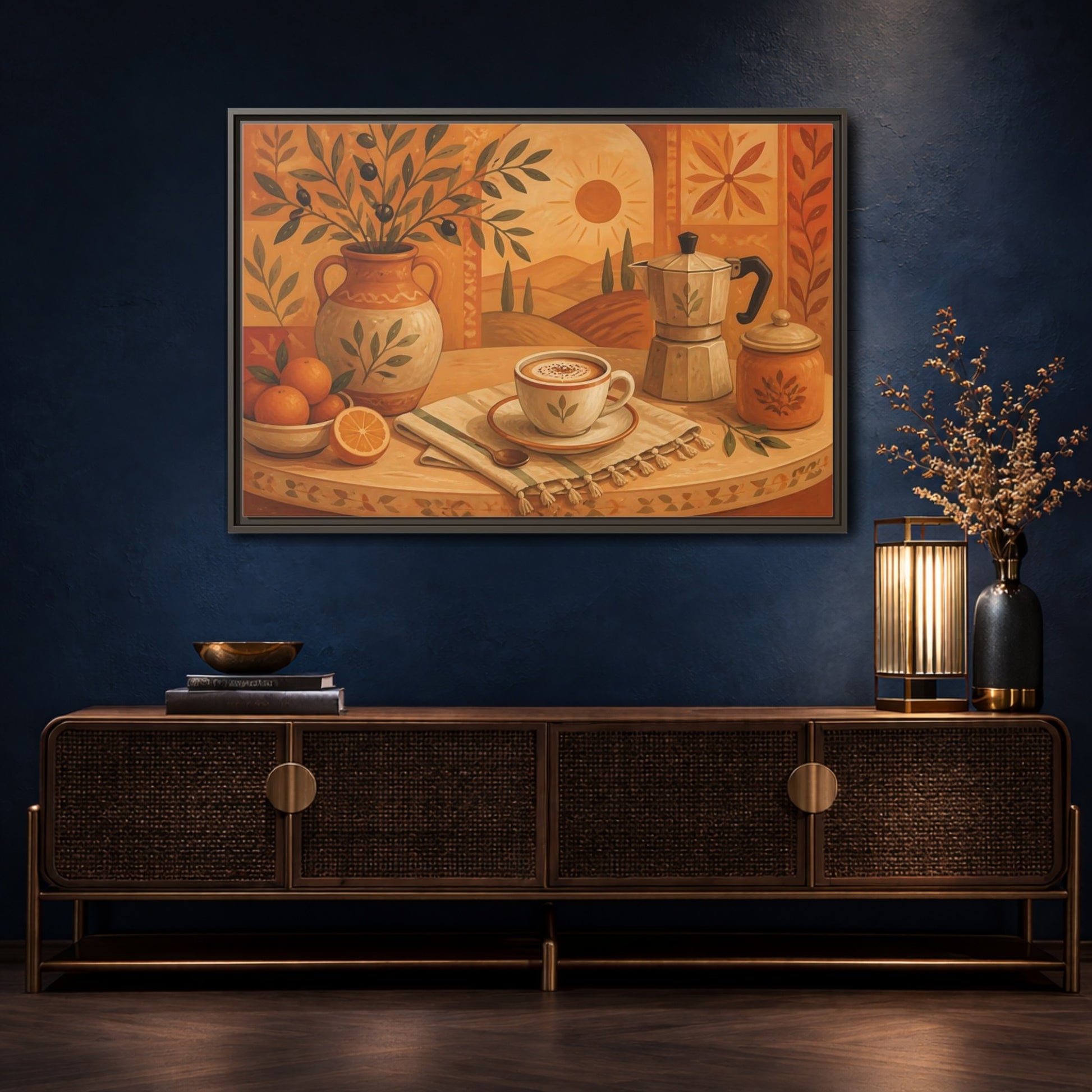 Mockup 4. Terracotta Cafe Morning shown as framed canvas print