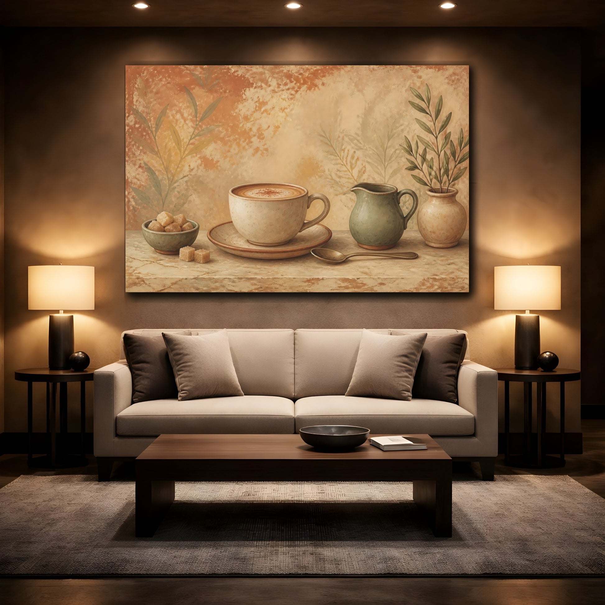 Mockup 2. Terracotta Coffee Still Life shown as canvas print