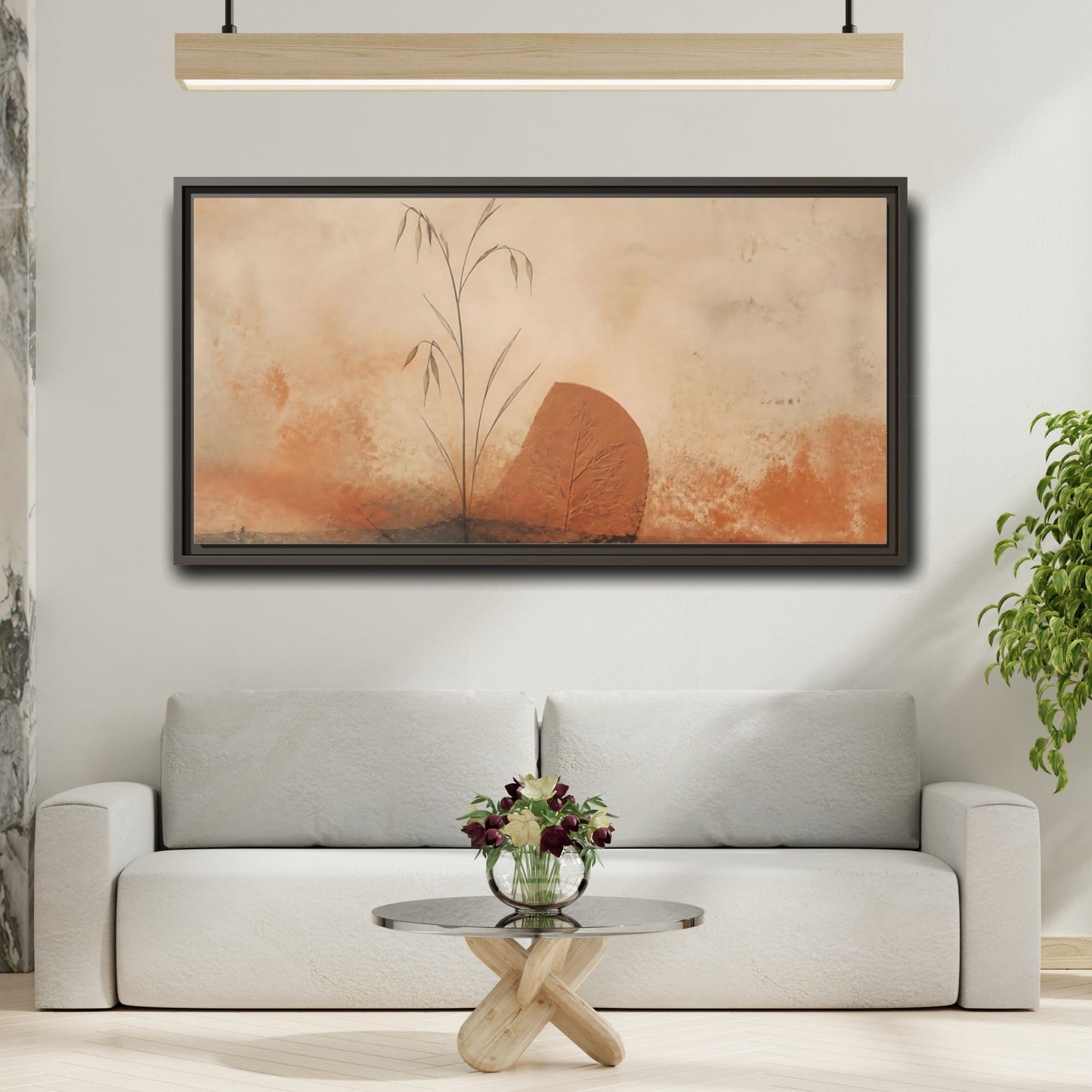 Mockup 2. Terracotta Grass & Leaf shown as framed canvas print