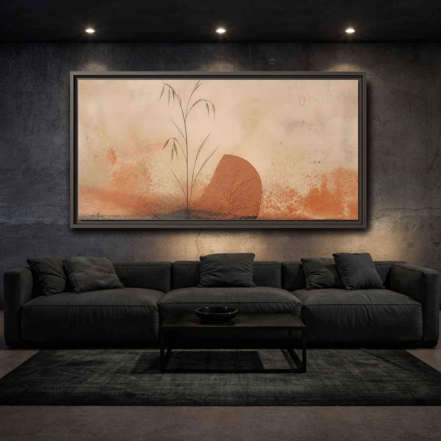 Mockup 3. Terracotta Grass & Leaf shown as framed canvas print