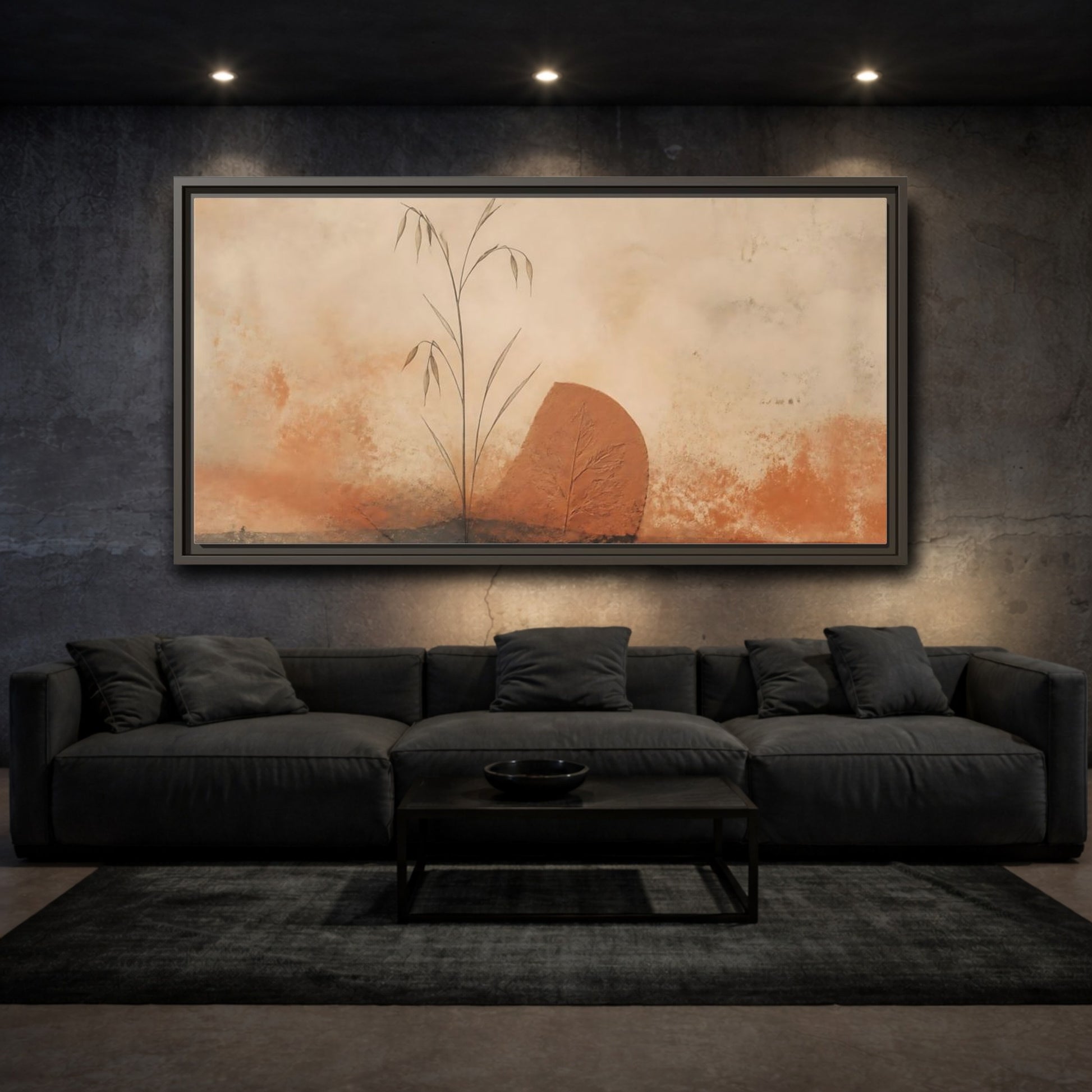 Mockup 3. Terracotta Grass & Leaf shown as framed canvas print
