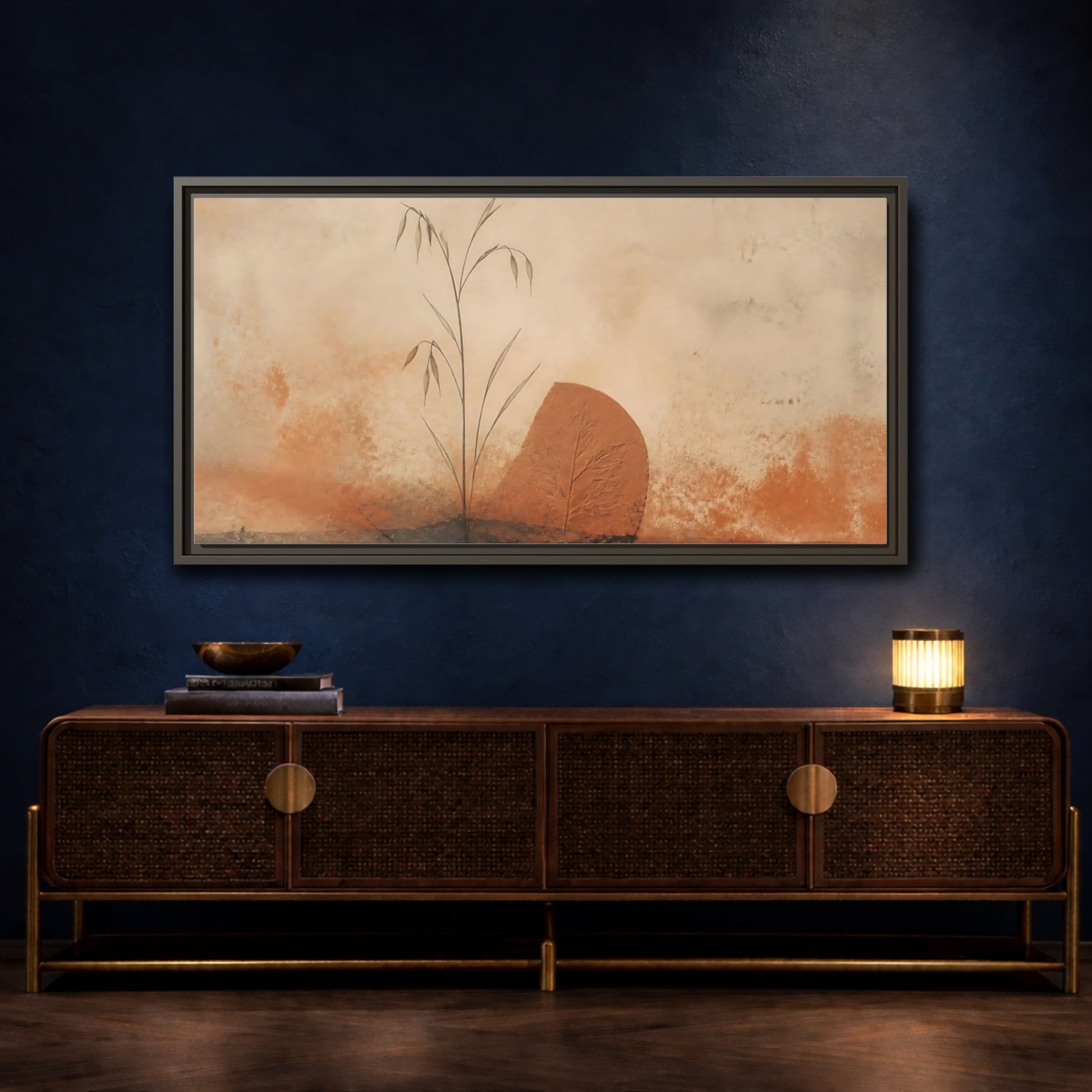 Mockup 4. Terracotta Grass & Leaf shown as framed canvas print