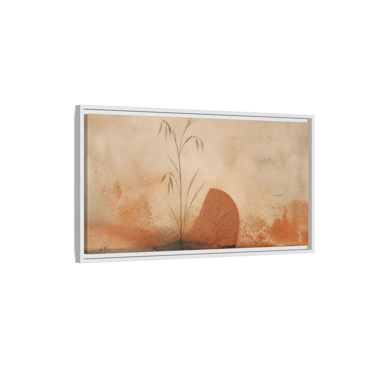 Side Mockup 1. Terracotta Grass & Leaf shown as framed canvas print