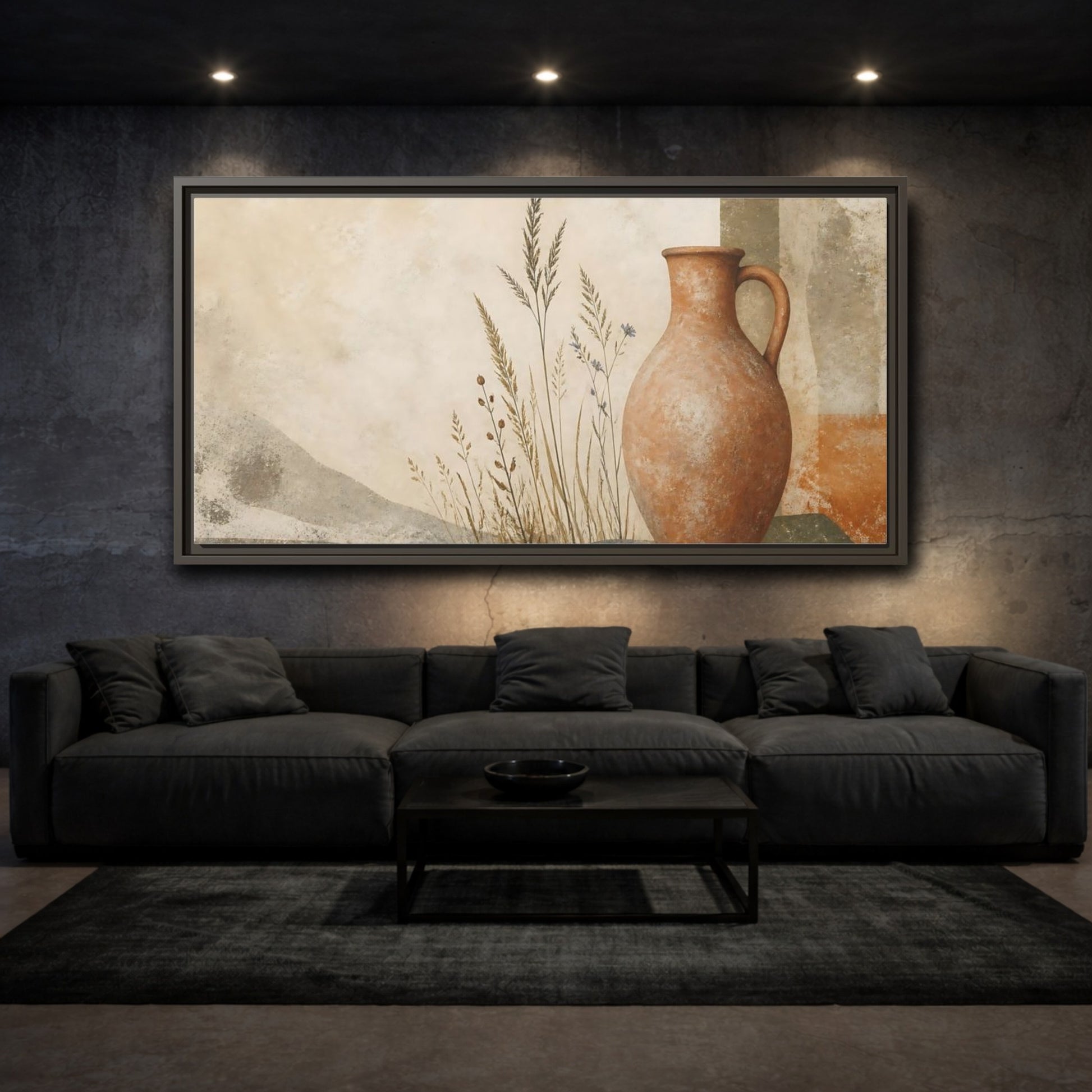 Mockup 3. Terracotta Pitcher & Grasses shown as framed canvas print