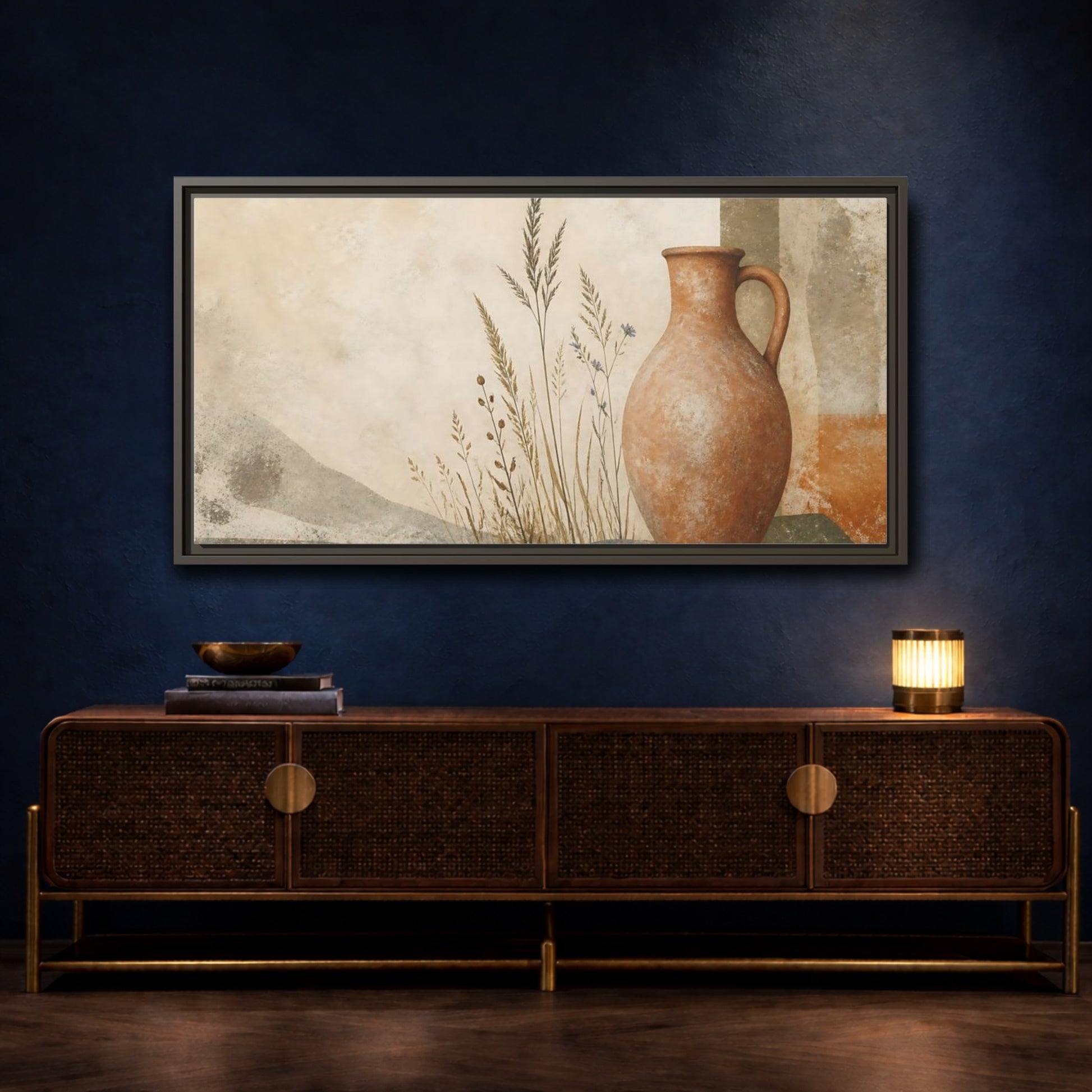 Mockup 4. Terracotta Pitcher & Grasses shown as framed canvas print
