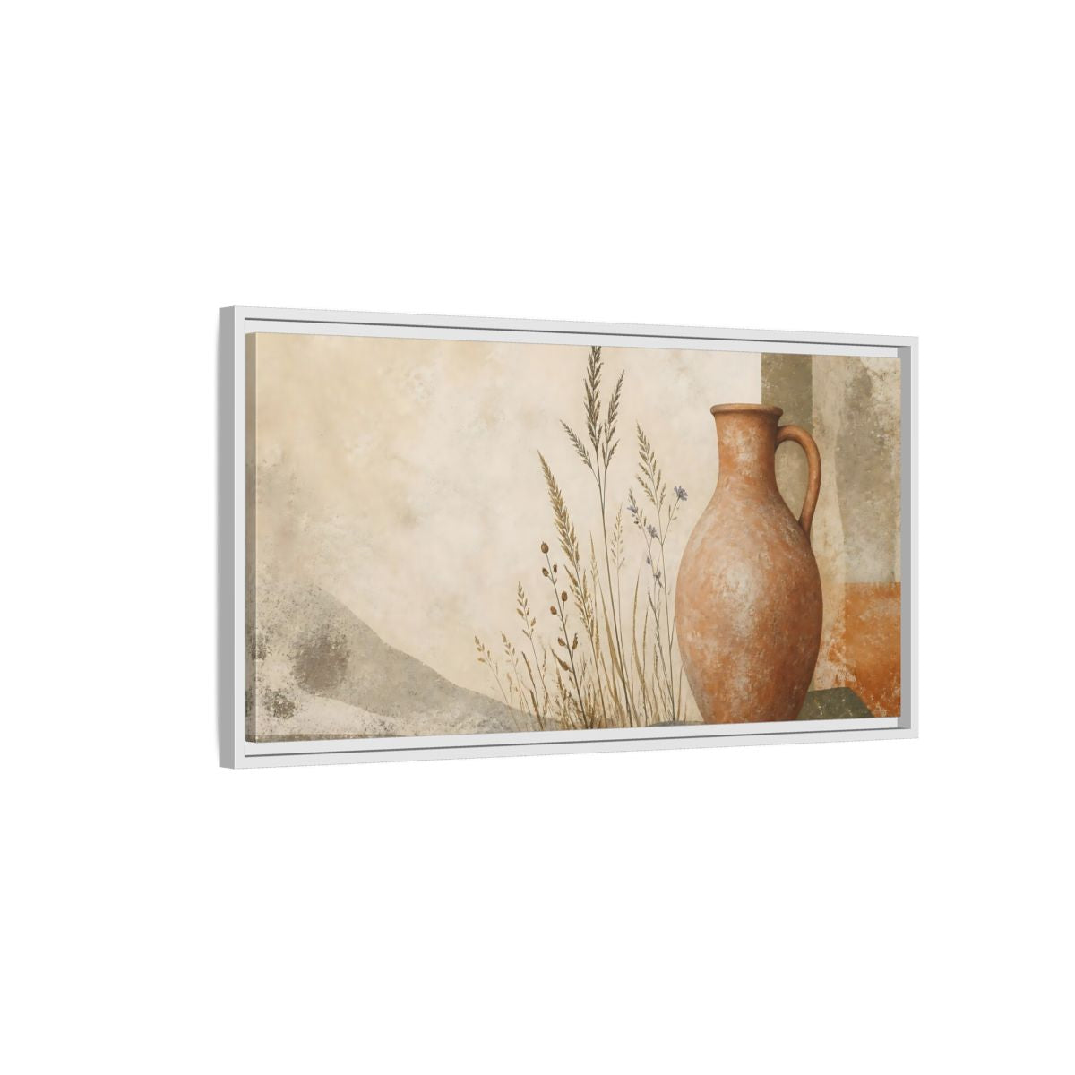 Side Mockup 1. Terracotta Pitcher & Grasses shown as framed canvas print
