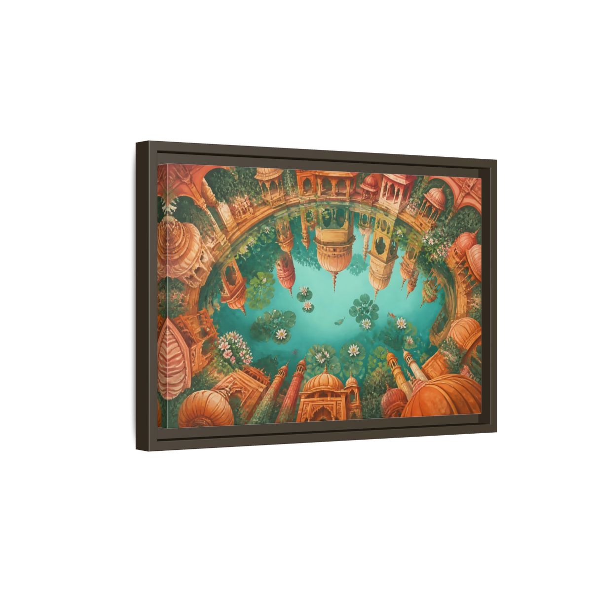 Side Mockup 5. Terracotta Temple Reflection shown as framed canvas print