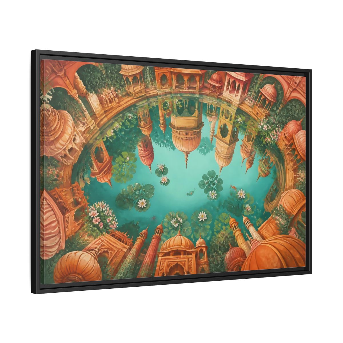 Side Mockup 13. Terracotta Temple Reflection shown as framed canvas print