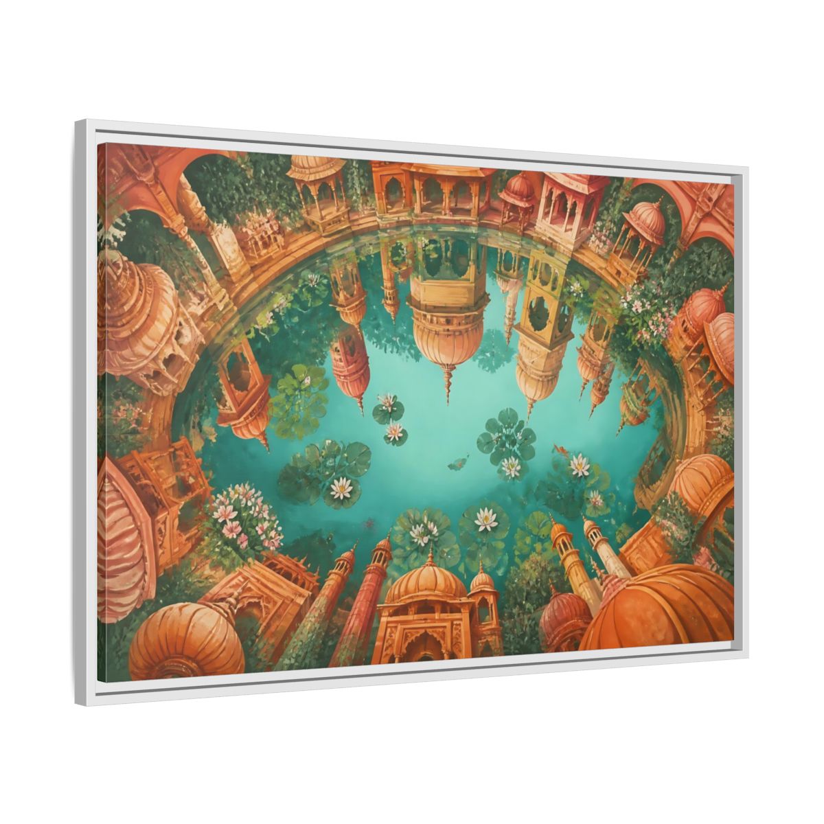 Side Mockup 9. Terracotta Temple Reflection shown as framed canvas print