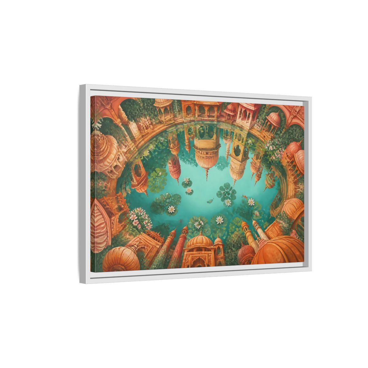 Side Mockup 1. Terracotta Temple Reflection shown as framed canvas print