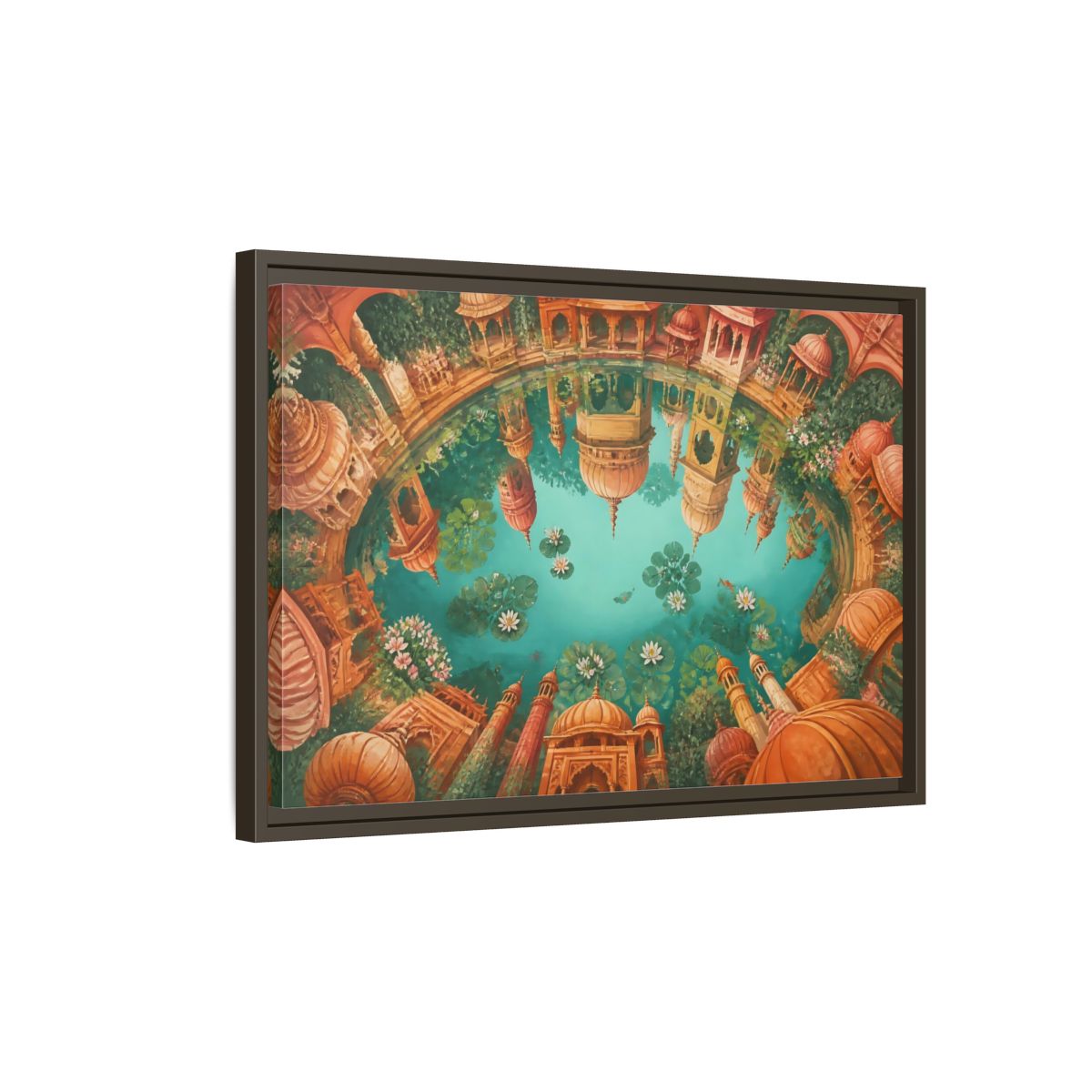 Side Mockup 2. Terracotta Temple Reflection shown as framed canvas print