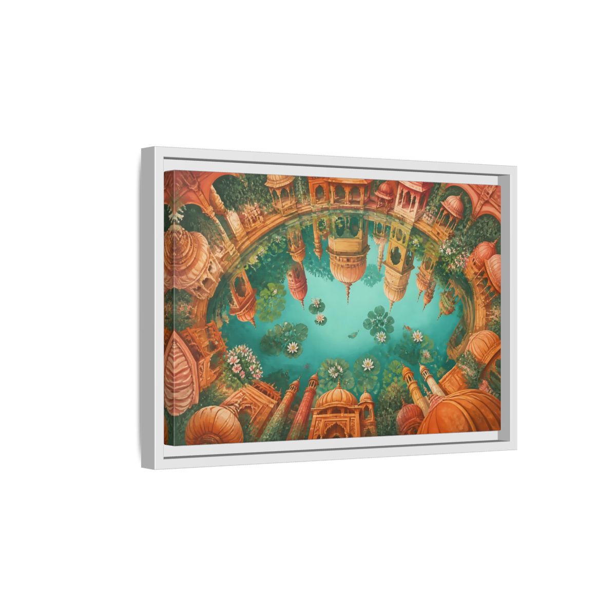 Side Mockup 4. Terracotta Temple Reflection shown as framed canvas print