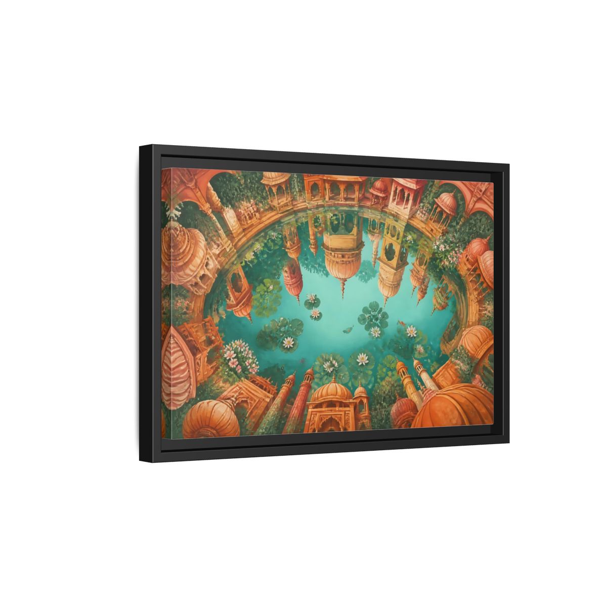 Side Mockup 6. Terracotta Temple Reflection shown as framed canvas print